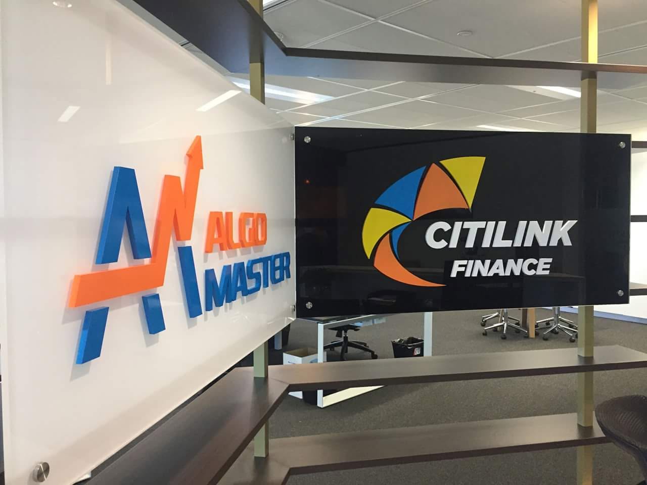 Acrylic reception panels for AlgoMaster and Citilink Finance